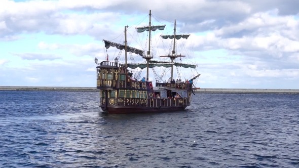 Pirate Ship Sailing In Sea