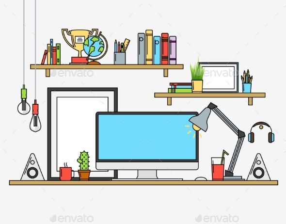 Line Flat Design Mock Up Of Modern Workspace - Conceptual Vectors