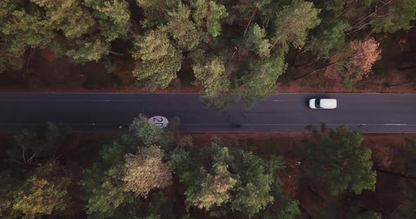 The Drone Takes Off Over a Forest Road with a Bicycle Path with a Speed Limit of 20 Km. White Van