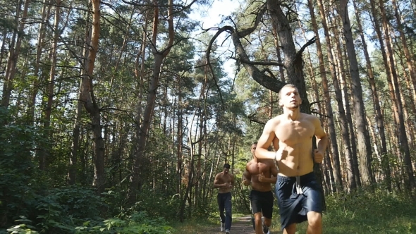 Group Of Young Muscular Athletes Running At The Forest Path alt