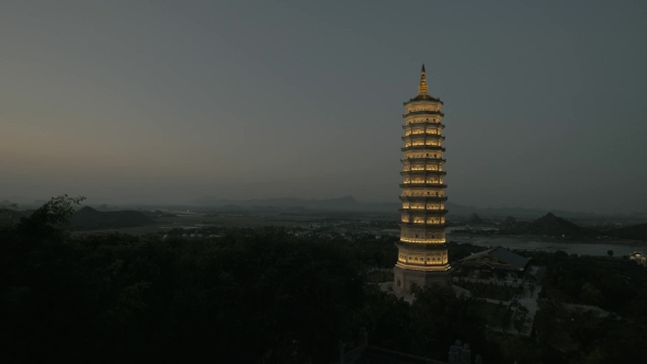 Bai Dinh Temple With Illuminated Tower At Night, Vietnam alt