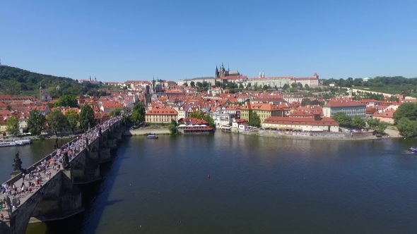Prague City Bridge Over The River Aerial View
