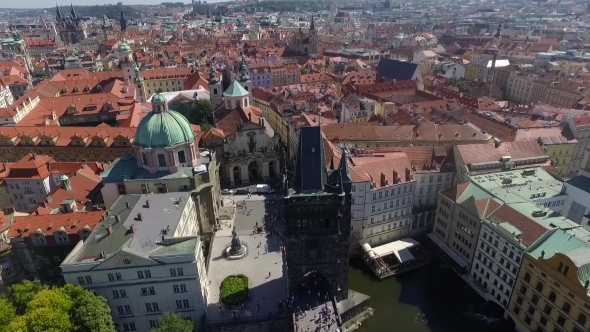 Aerial View Of People On The Bridge In Prague