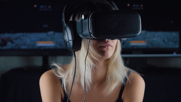 Virtual Reality Game. Girl With Pleasure Uses Head-mounted Display. alt