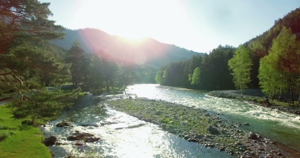 Aerial View. Low Flight Over Fresh Cold Mountain River At Sunny Summer Morning. alt