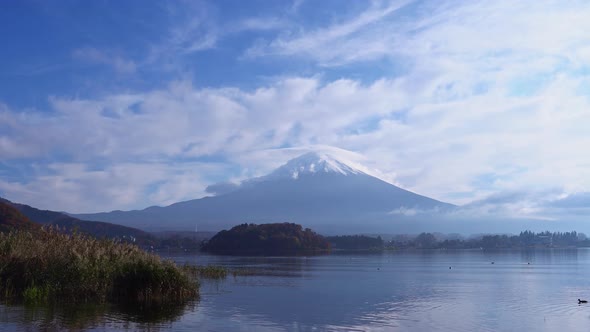 Beautiful scenery of lake Kawaguchi with mountain Fuji in background at dawn in Japan