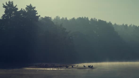 Cinematic View From Moving Boat On Lake To Amazing Foggy Landscape