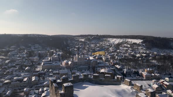 Aerial Drone View of the 13Thcentury Medieval Kremenets Castle Flag of Ukraine Country on the Top of alt