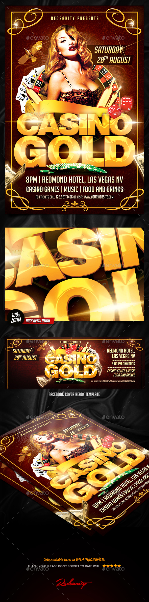Casino Gold Flyer Plus FB Cover - Events Flyers