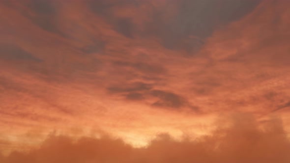 Camera View Fly Into Orange Sunset Sky With Fluffy Clouds