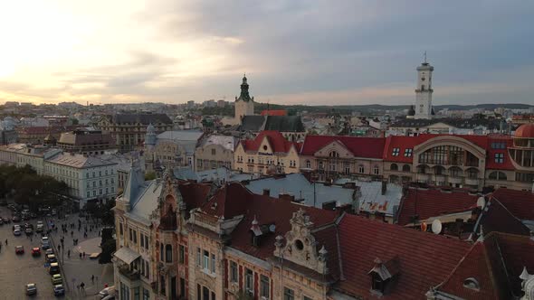 A beautiful European city from a bird's eye view at sunset.