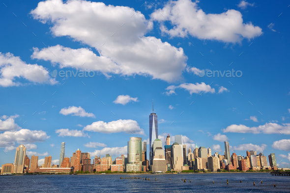 Manhattan skyline over Hudson River - Stock Photo - Images