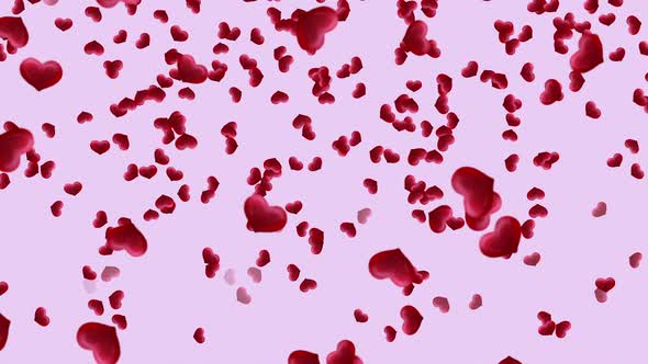 Flowing red hearts on pink background