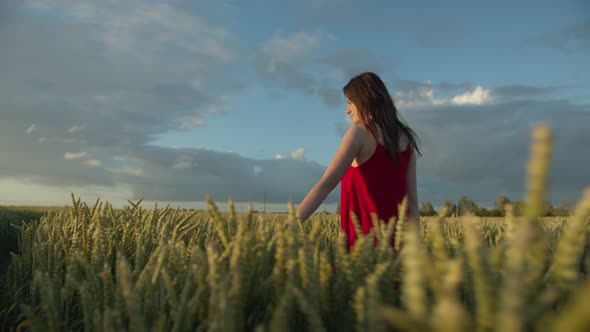 A Woman in a Red Dress Walks Across a Field of Ears