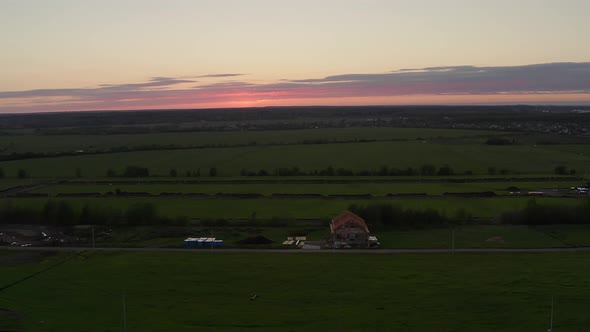 Sunset in fields. Drone Shots