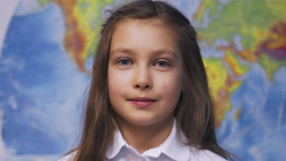 Cute Smiling Little Kid Girl In White Shirt In School, Stock Footage