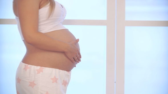 Pregnant Woman Caressing The Belly Against The Window