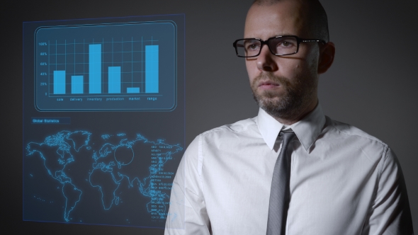 Future Work With Finance And  Economy. Businessman Working With An Interactive Holographic Screen. alt