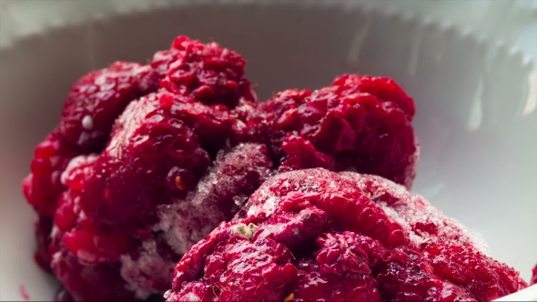 Frozen Raspberries Melting In a Plate On a White Background. alt