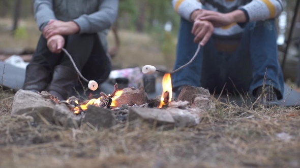 Camping, Travel, Tourism, Hike And People Concept - Happy Family Roasting Marshmallow Over Campfire