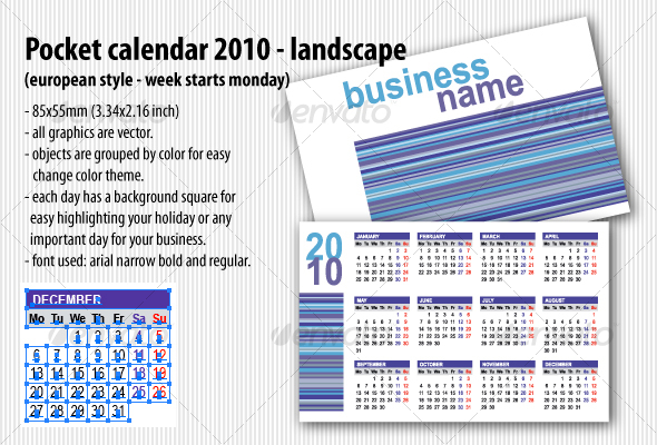 Pocket calendar 2010 landscape european - Calendars Stationery