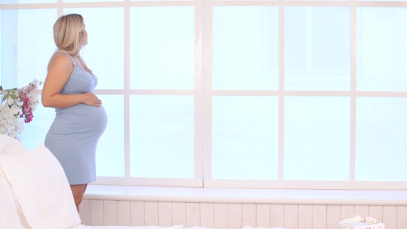 Pregnant Woman In Blue Dress Walks Along The Window