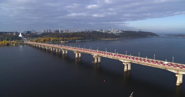The Paton Bridge in Kyiv at Autumn Aerial View alt
