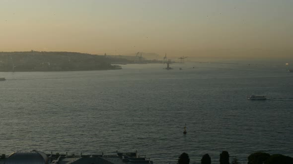 Panoramic Aerial View of Seascape of Bosphorus With Shipping Traffic.