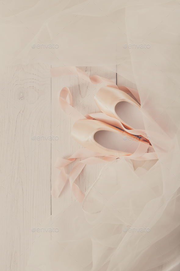 Pink ballet pointe shoes and feather on white wood background Stock Photo  by ©Milkos 129081648