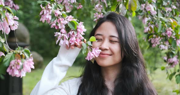 Beautiful Asian Woman Smelling Flowers on Tree