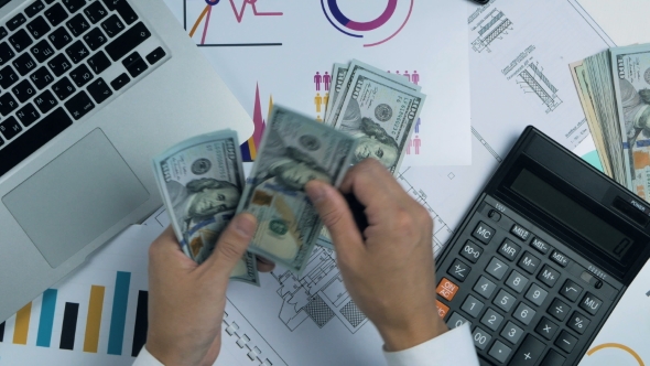 Unrecognizable Corporate Male Manager Man Count Money Cash. Financial Company Businessman With US alt