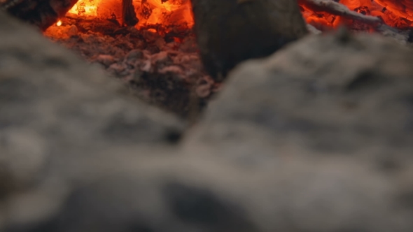 Red Flame Heats The Old Pot. Cooking Outdoors. Cooking On Fire. Travel Gear. Tourist