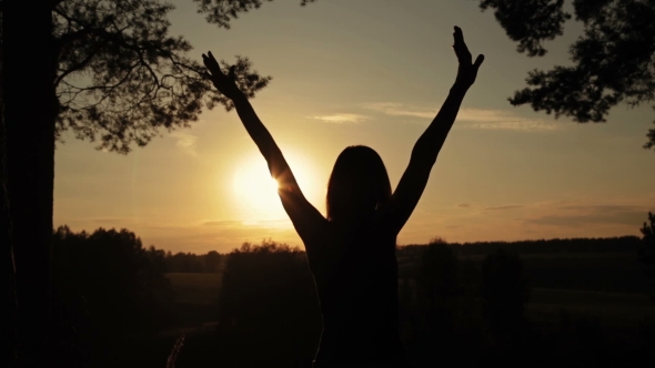 Silhouette Of Woman In The Forest On The Sunset. Freedom Concept.