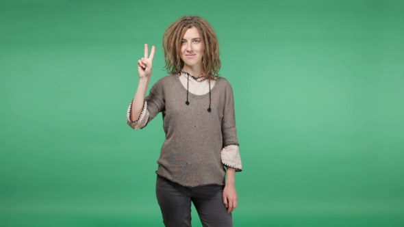 Beautiful Hipster Woman With Dreadlocks Showing Peace