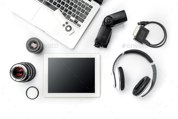 Workplace of business. Modern male accessories and laptop on white - Stock Photo - Images