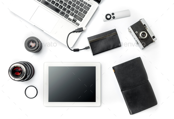 Workplace of business. Modern male accessories and laptop on white - Stock Photo - Images