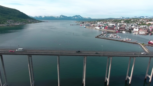 Bridge Of City Tromso, Norway Aerial Footage alt