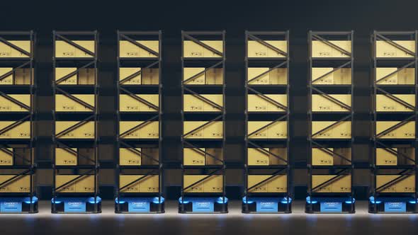 Warehouse industry autonomic robots carrying metal shelves with cardboard boxes. alt