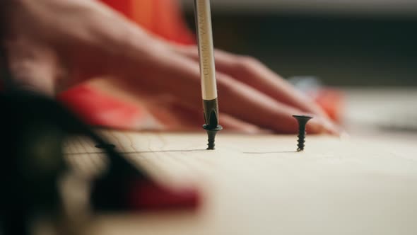 Woman Builder Tightening Screws with Manual Screwdriver Into Wooden Board Closeup alt