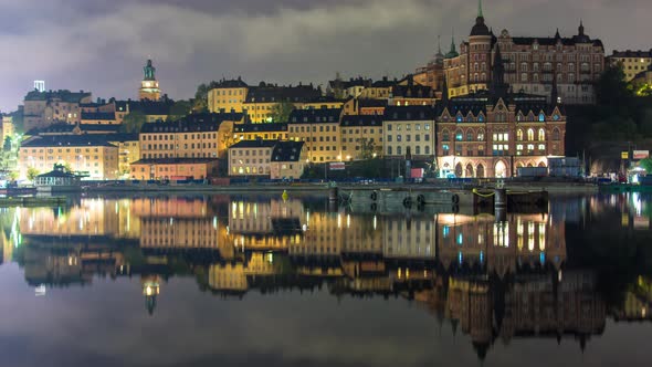 Stockholm City Buildings at Night Time Lapse Tilt