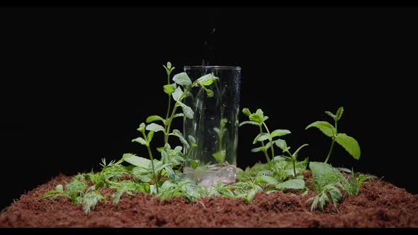 Water is Poured Into a Glass That Stands on the Soil with Plants