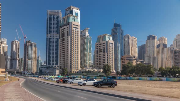 Scenic View of Dubai Marina Skyscrapers with Cars Timelapse Skyline View From Sea United Arab alt