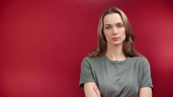 Portrait of Domestic Beautiful Woman Showing Quiet Gesture Having Calmness Emotion Closeup alt