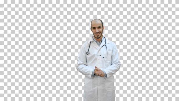 Smiling doctor talking to the camera, Alpha Channel