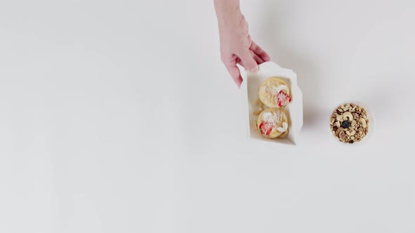 Food Delivery Top View Take Away Desserts in Disposable Containers on White Background alt