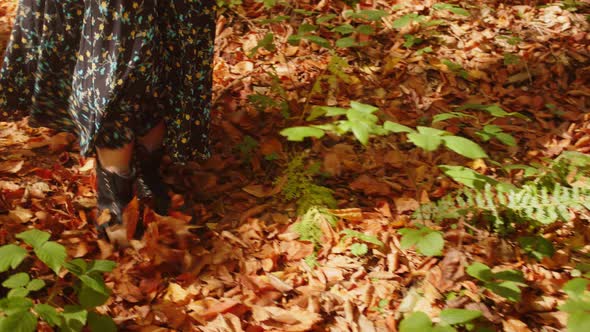 Girl's Feet Wearing Black Boots are Shuffling the Fallen Red and Brown Leaves and Raising It Over