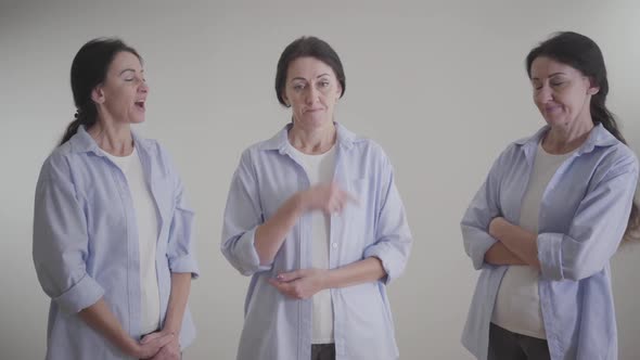 Portrait of Brunette Thoughtful Woman Deciding As Images of Same Person Advising Yes and No Answers alt