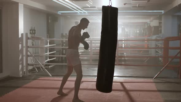 Kickboxing, Athletic Man Fighter Trains His Punches, Beats a Punching Bag, Training Day in the alt