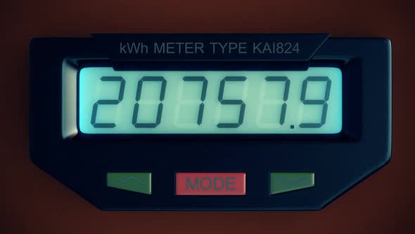 Digital electricity meter showing household consumption in kilowatt hours. alt