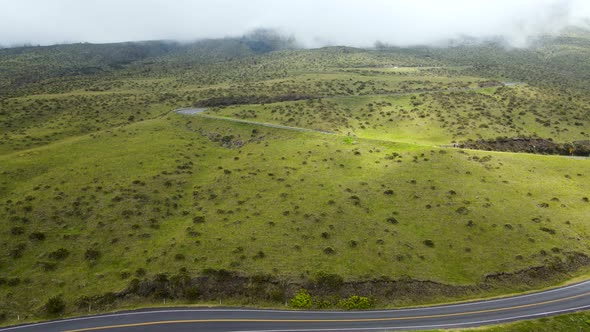Road up Haleakala Volcano Mountain on Hawaii Island of Maui - Aerial alt